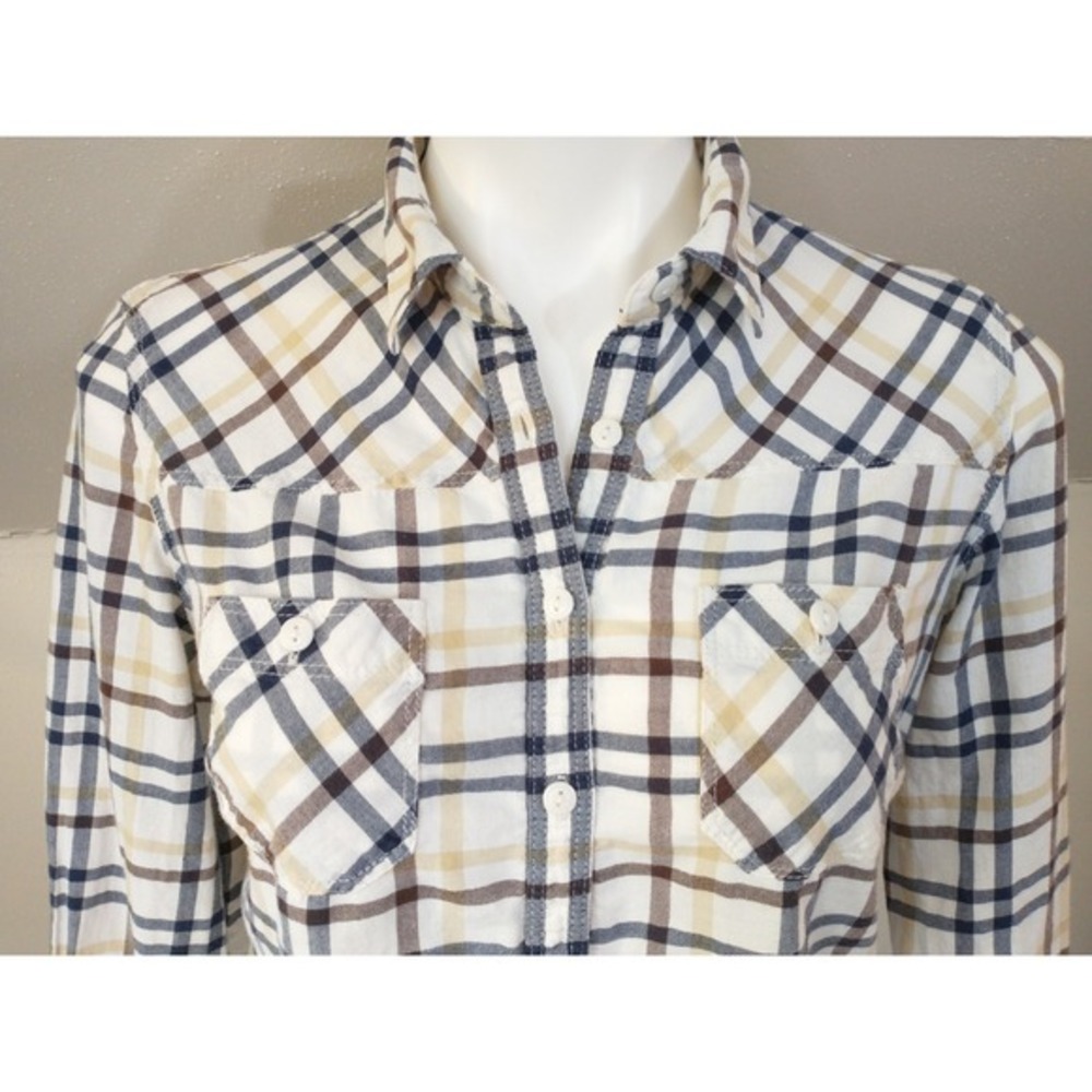 Aeropostale Womens Large Plaid Button Down Shirt Long Sleeve Cotton Beige Brown